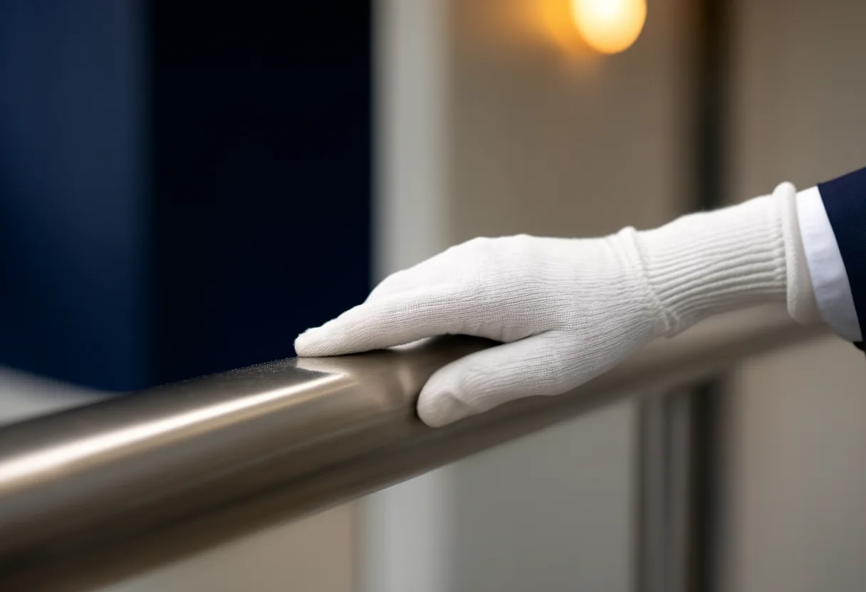 Hand im weißen Prüfhandschuh fährt über einen Edelstahl-Handlauf – KI-generiertes Bild